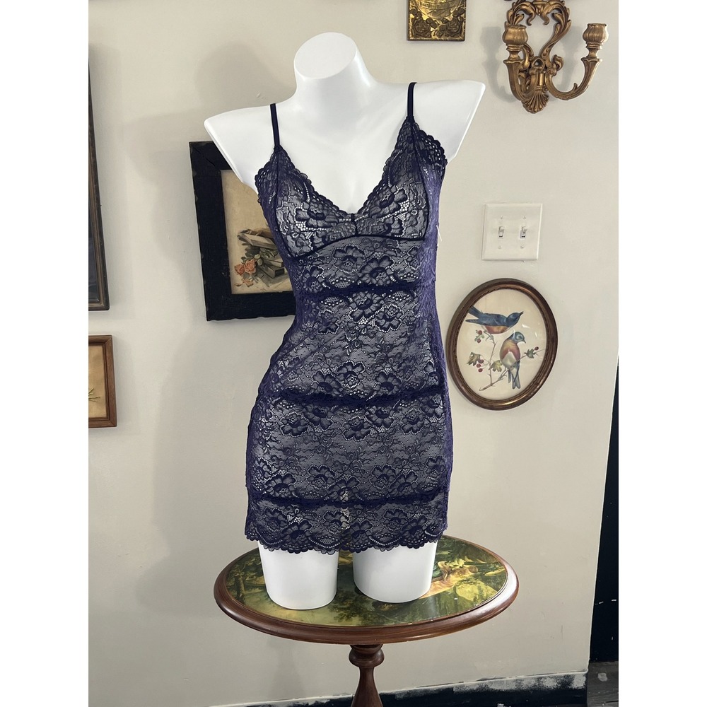 Samantha Chang New York Dark Purple Floral Lace Slip Dress Chemise Size S